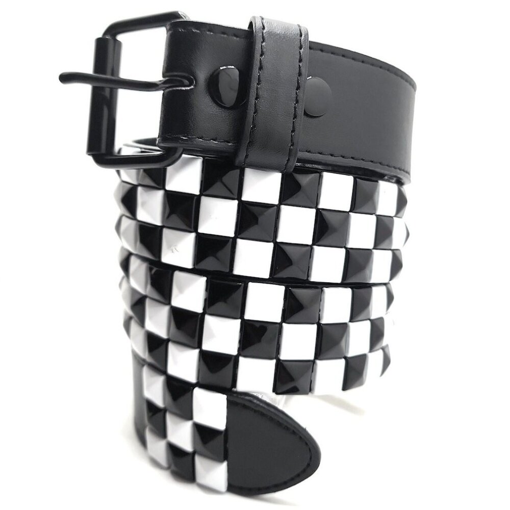 🆕BLACK & WHITE CHECKERED PYRAMID STUDDED LEATHER BELT - MEN - XXL (46-48)